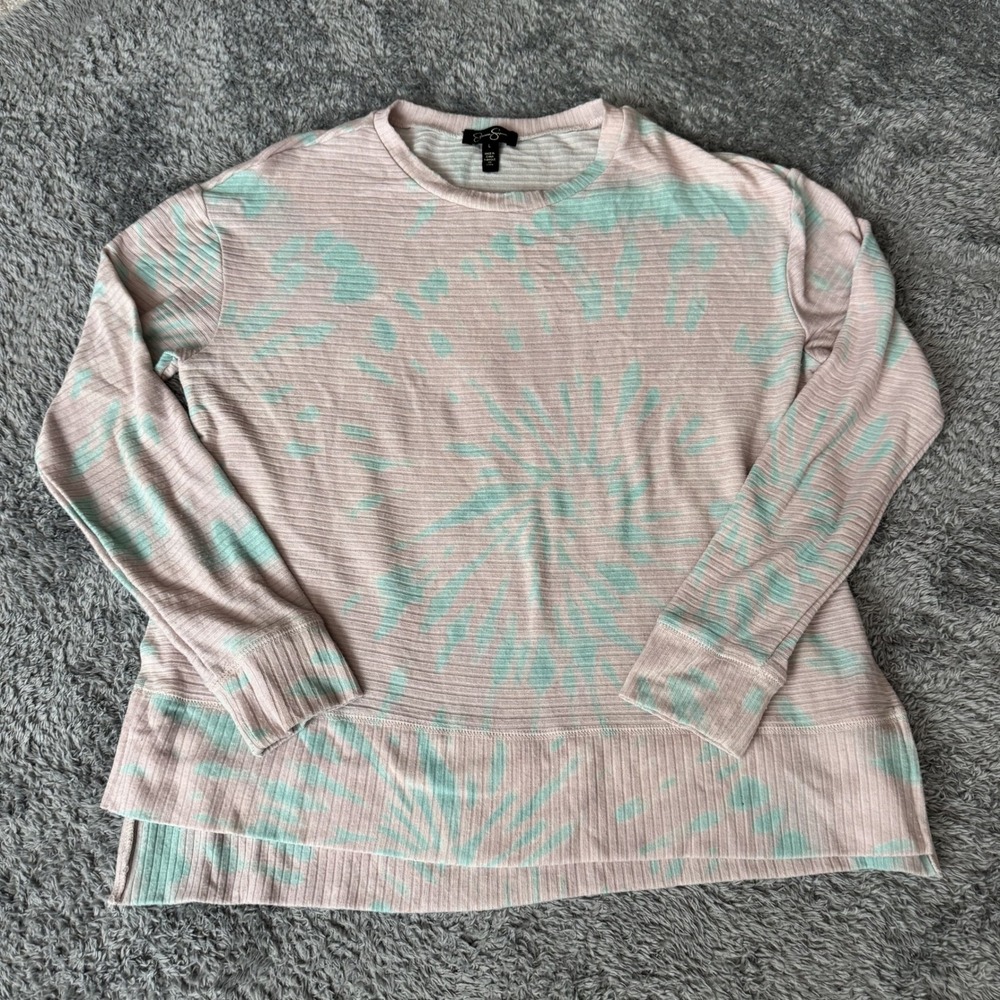 Jessica Simpson Womens Tie Dye Ribbed Top Large Pink Mint Soft Knit Loungewear